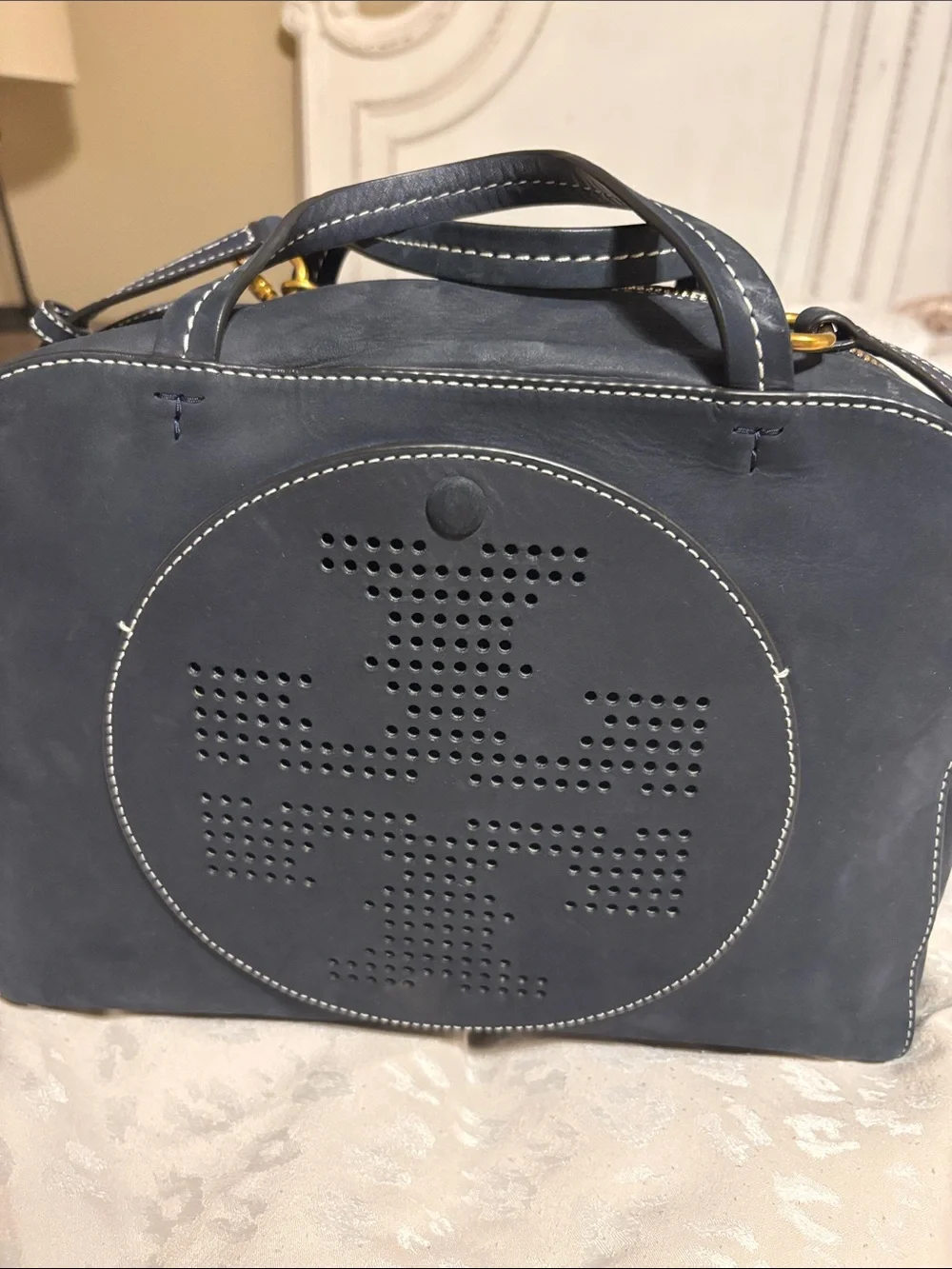 Tory Burch Navy Leather Perforated Top-Handle Satchel
